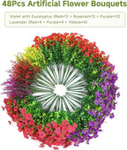 SHareconn 48 Bundles Artificial Flowers for Outdoors Decoration, Faux Plants Fake Silk Colorful Daisy Eucalyptus Lavender, UV Resistant for Outside Home Porch Patio Indoor Spring Decor, Mix 3 Colors