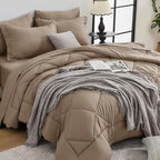 HEVUMYI Khaki Full Comforter Set - 7-Piece All Season Bed in a Bag Full, Ultra Soft Bedding Set with Comforter, Flat Sheet, Fitted Sheet, Pillowcases, Pillow Shams