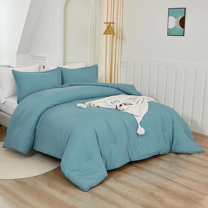 Litanika Grayish Teal Comforter King Size, 3 Pieces Lightweight Solid Bedding Set, All Season Fluffy Bed Set (104x90In Comforter & 2 Pillowcases)