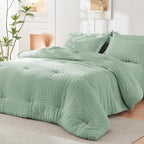 HYMOKEGE Sage Green Queen Comforter Set Seersucker 7 Pieces, All Season Luxury Bed in a Bag for Bedroom, Bedding Set with Comforters, Sheets, Pillowcases & Shams