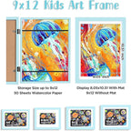 KINLINK 9x12 Kids Art Frames Set of 2, Solid Wood Kids Artwork Frames Changeable with Acrylic Front Opening Holds 150 Pictures, Art Frame for Kids Artwork with Mat or without Mat, Light Blue