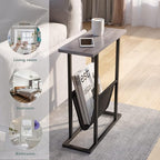 Yusong Small Narrow Side Table for Small Spaces, 17.7" W Slim End Table Magazine Table Nightstand with Storage Holder, Accent Skinny Snack Couch Bedside Table, Grey, Complete Iron Pipes