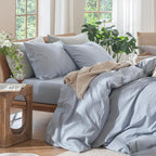 MooMee Bedding Duvet Cover Set 100% Washed Cotton Linen Like Textured Breathable Durable Soft Comfy (Heathered Cornflower Blue, Alaska King 132"x120")