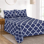 Mejoroom King Bed Sheet Set - Super Soft Brushed Microfiber 1800 Thread Count King Sheets with 15 inch Deep Pocket - Wrinkle Free - 4 Piece(King, Navy Quatrefoil with White Pattern)