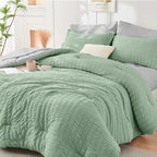 HYMOKEGE Sage Green/Light Grey California King Comforter Set Seersucker 7 Pieces, All Season Luxury Bed in a Bag for Bedroom, Bedding Set with Comforter, Sheets, Pillowcases & Shams