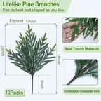 12 Pcs Realistic Christmas Pine Branches Artificial Lifelike Green Pine Stem - Real Touch for Vase DIY Crafts Flower Arrangement Home Indoor Christmas Decor(18 Inch)