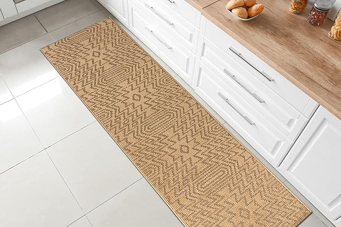 Custom Length Cut to Size Tribal Ethnic Southwestern Inspired Hallway Runner Rug, Non Slip Rubber Backed, 31 inch Wide X Customized Length, Inca Tan, 31 inch X 8 feet