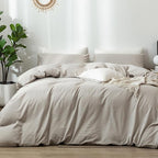MooMee Bedding Duvet Cover Set 100% Washed Cotton Linen Like Textured Breathable Durable Soft Comfy (Heathered Cream Grey, Cal King 104"x98")