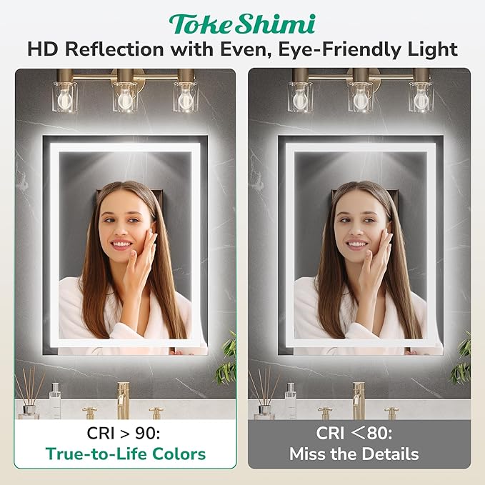 TokeShimi 28x36 LED Mirror for Bathroom,Backlit + Front lit,LED Bathroom Mirror with Lights,Anti-Fog Backlit Mirrror with Tempered Glass,Waterproof,Memory Function,Shatterproof,UL Listed