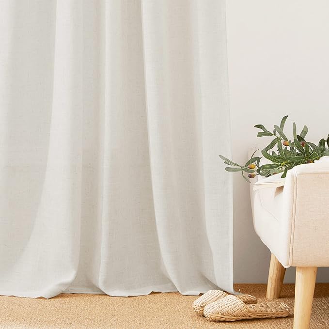 RYB HOME Thick Linen Curtains, Extra 66 inches Widith Light Filtering Semi Translucent Farmhouse Window Treatments for Home Office Living Room Bedroom, W 66 x L 95 inches, Linen, 2 Panels