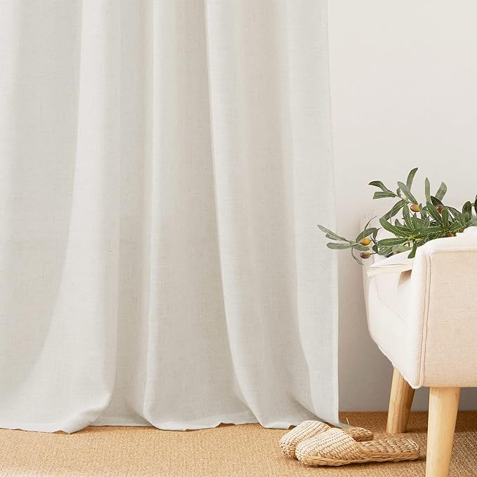 RYB HOME Sheer Door Curtains - Privacy Linen Textured Semi Sheer Curtains Grommet Light Filtering Window Covering for Living Room Bedroom Canopy Bed, W 100 x L 95 inch, 1 Pc, Linen