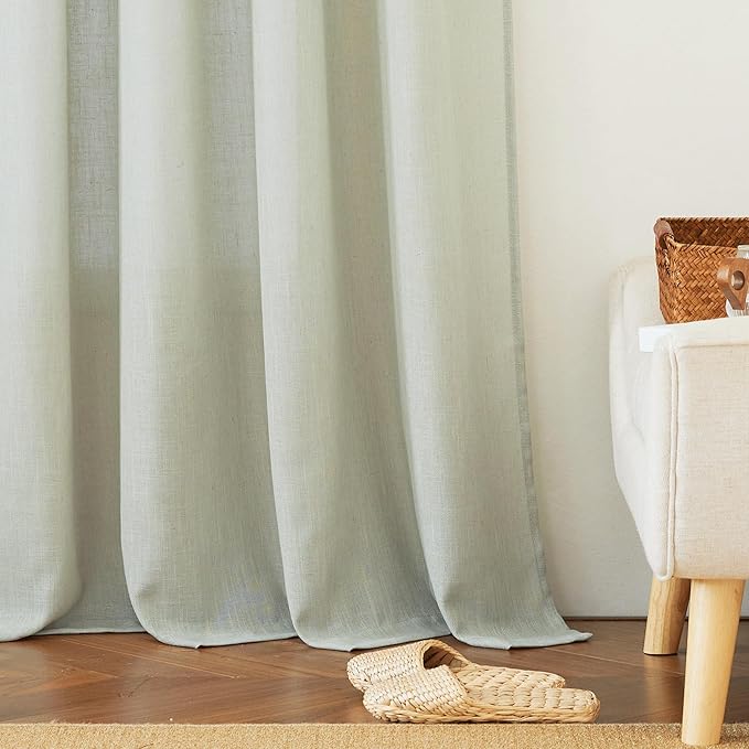 RYB HOME Linen Sheer Curtains 95 inches Long, Airy Breathable Absorbent Curtains & Drapes, Light Filter Half Privacy Protect for Sliding Door, Farmhouse, Living Room, 52" W x 96" L, 2 Panels, Sage
