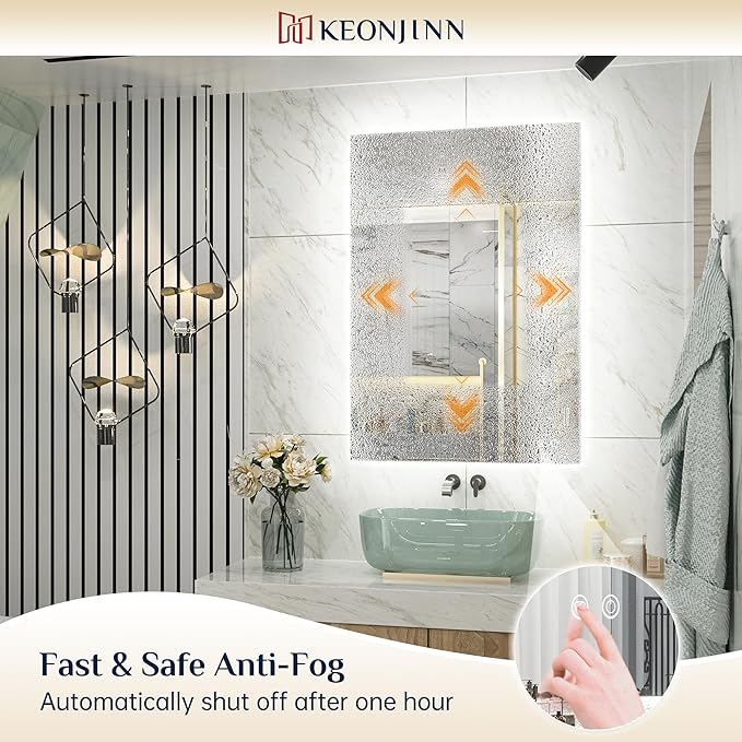 Keonjinn 24 x 32 Inch LED Bathroom Mirror with Backlit, Anti-Fog, CRI90+ HD Stepless Dimmable Mirror, High Lumen, Horizontal/Vertical Wall Mount, UL Listed Lighted Mirror, Waterproof