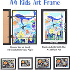 KINLINK A4 Kids Art Frames Set of 2, Solid Wood Kids Artwork Frames Changeable with Acrylic Front Opening Holds 150 Pictures 8.3x11.7, Art Frame for Kids Artwork with Mat or without Mat, Black Wood