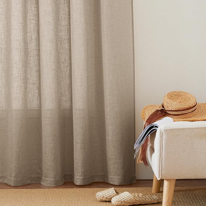 RYB HOME Semi Sheer Curtains - Natural Linen Burlap Texture Light Filtering Privacy Modern Boho Drapes for Bedroom Living Room Kitchen Large Window, Khaki, W 60 x L 95 inches, 1 Pc
