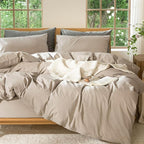 MooMee Bedding Duvet Cover Set 100% Washed Cotton Linen Like Textured Breathable Durable Soft Comfy (Heathered Taupe, Oversized Queen 98"x98")