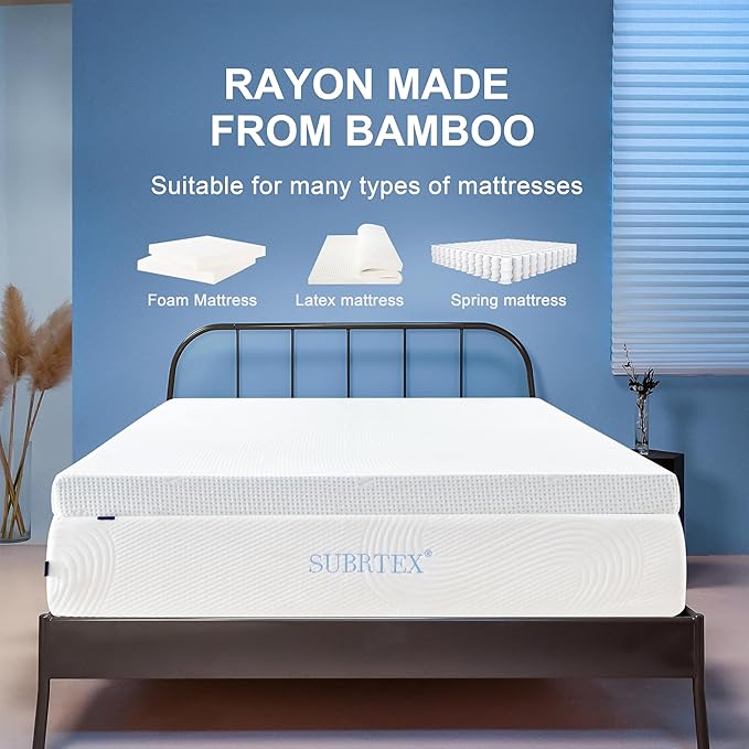 Subrtex 2 Inch Mattress Topper Cover (Only Cover) Mattress Topper Protector Bedding Rayon Made from Bamboo Removable Mattress Encasement with Zippers, Full