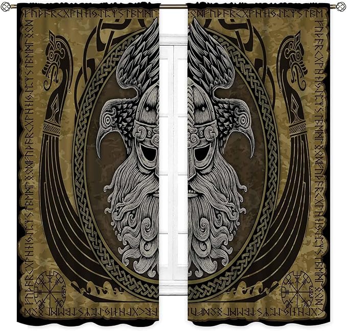 Norse Viking Curtains, Nordic Warriors Sword Celtic Rune Scandinavian Aesthetic Nation Valknut Mythology Window Drapery for Bedroom Living Room Bathroom 2 Panels, 55"x63" Inch