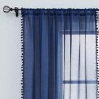 Treatmentex Sheer Blue Curtains for Bedroom Window 95 inches Long Linen Textured Pom-Pom Voile Drapers for Kids Bed Canopy Navy Rod Pocket 2Pack