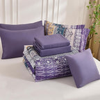 Cottolester Boho Queen Comforter Set 8 Pieces, Violet Bohemian Striped Bed in a Bag, Paisley Soft Microfiber Bedding Comforter Set