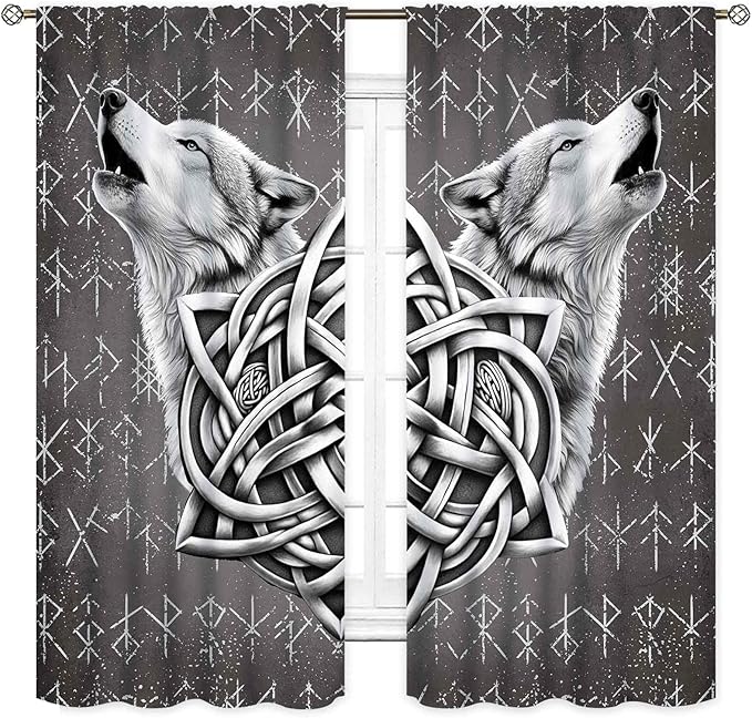 Viking Curtains, Gothic Nordic Wolf Celtic Rune Scandinavian Viking Runes Norse Mythology Aesthetic Retro Drapery for Bedroom Living Room Bathroom Window 2 Panel Set, 84"x63" Inch