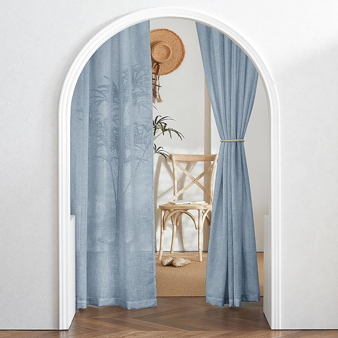 RYB HOME Semi Sheer Curtains for Living Room Dining Room, Linen Texture Window Decor Sun Protection Modern for Bathroom Doorway, W 52 x L 102 inch, 2 Pcs, Dusty Blue