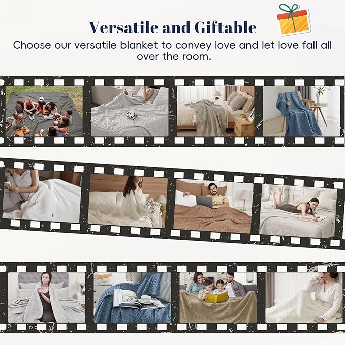 PHF 100% Cotton Waffle Weave Blanket Queen Size for Bed, Soft Lightweight & Breathable, All-Season Comfort, Luxury Aesthetic Woven Bedding for Home Decor, 90"x90", Denim Blue