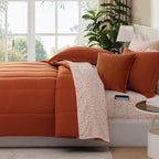 Monbix Full Comforter Set - 7 Pieces Burnt Orange Bed in a Bag Full Size Track Stitching Bedding Sets, All Seasons Down Alternative Comforter with Sheets,Pillowcases & Shams