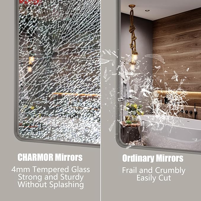 48x32 Silver Bathroom Mirror for Wall, Brushed Metal Framed Bathroom Vanity Mirror, Modern Rectangle Mirror, Rounded Corners, Shatterproof (Horizontal/Vertical)