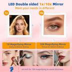 Ruacq Rechargeable Makeup Mirror, 4000mAh Lighted Makeup Mirror with Magnification 1X/10X, Height Adjustable Vanity Mirror with Lights, 3 Color Lights, Adjustable Brightness, 360°Rotation (White)