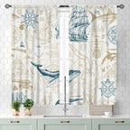 Vintage Nautical Curtains, Marine Coastal Sailboat Compass Anchor Ocean Beach Whale Old Pirate Map Decorative Drapes for Bedroom Living Room Kitchen Bathroom Window 2 Panels Set, 55x39 Inch