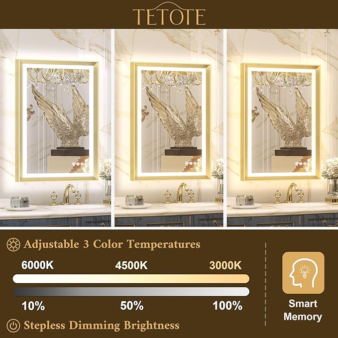 TETOTE 84x36 LED Bathroom Mirror with Lights Gold Frame Frontlit & Backlit Lighted Vanity Mirror Baroque Anti Fog Dimmable White/Warm/Natural,CRI90+,Waterproof,Wall Mounted(Horizontal/Vertical)
