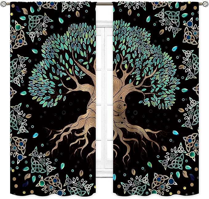 Tree of Life Curtains, Hippie Green Leaves Tree Life Vikings Celtic Nordic Aesthetic Mythology Window Drapery Treatments for Bedroom Living Room Bathroom 2 Panels, 42"x45" Inch