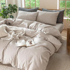 MooMee Bedding Duvet Cover Set 100% Washed Cotton Linen Like Textured Breathable Durable Soft Comfy (Solid Light Tan, Super Queen 90"x98")