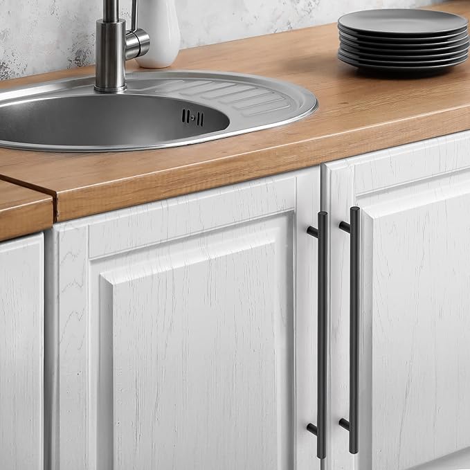 JOY DECOR 15 Pack Cabinet Handles, Black Cabinet Pulls, 10 in Hole Center Kitchen Hardware, Stainless Steel T Bar Handles for Dresser Drawers