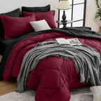 HEVUMYI Red & Black Full Comforter Set - 7-Piece All Season Bed in a Bag Full, Ultra Soft Burgundy Bedding Set with Comforter, Flat Sheet, Fitted Sheet, Pillowcases, Pillow Shams, Burgundy Red & Black