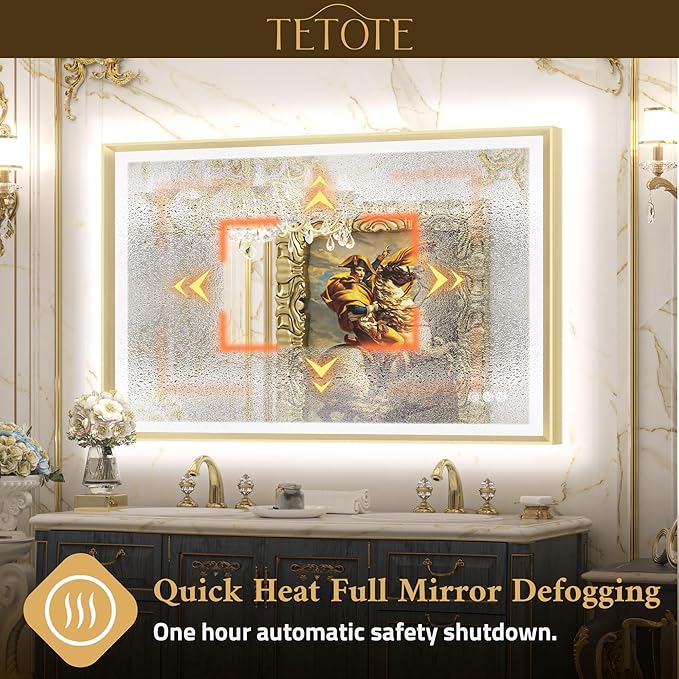 TETOTE 60x36 LED Bathroom Mirror with Lights Gold Frame Frontlit & Backlit Lighted Vanity Mirror Baroque Anti Fog Dimmable White/Warm/Natural,CRI90+,Waterproof,Wall Mounted(Horizontal/Vertical)