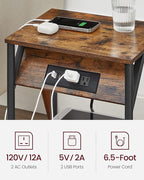 VASAGLE End Table with Charging Station, Small Side Table for Living Room, Bedroom, Nightstand with Outlets and USB Ports, Bedside Table with Storage Shelf, Rustic Brown and Black