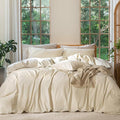 MooMee Bedding Duvet Cover Set 100% Washed Cotton Linen Like Textured Breathable Durable Soft Comfy (Heathered Almond Milk Grey, King 104"x90")