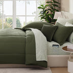 Monbix King Size Comforter Set - 7 Pieces Bed in a Bag King, Olive Green Track Stitching Bedding Sets, All Seasons Down Alternative Comforter Bed Set with Sheets, Pillowcases & Shams