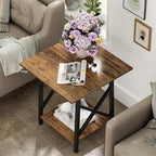 GreenForest End Table 24 inch for Living Room, Large Square Side Tables with X-Frame, Tall Industrial Bedside Nightstand with 2-Tier Storage, Rustic Walnut