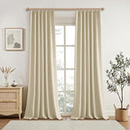 KangBang Full Blackout Pinch Pleat Linen Curtains 102 Inches Long, Pleated Linen Drapes for Living Room Dining with Hooks, Nursery Light Blocking Window Panels, 52Wx102L, Natural Beige,2 PCs