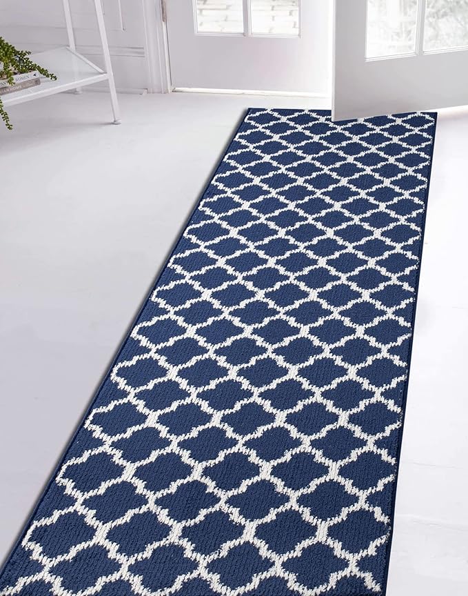 Custom Size Cut to Length Moroccan Trellis Design Runner Rug Mat For Wide Long Hallways with Non-Slip Rubber Backing, Better Traction for Pets, Prevent Slippage, Trellis Navy Blue, 31 inch X 15 feet