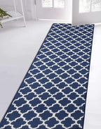 Custom Size Cut to Length Moroccan Trellis Design Runner Rug Mat For Wide Long Hallways with Non-Slip Rubber Backing, Better Traction for Pets, Prevent Slippage, Trellis Navy Blue, 31 inch X 12 feet