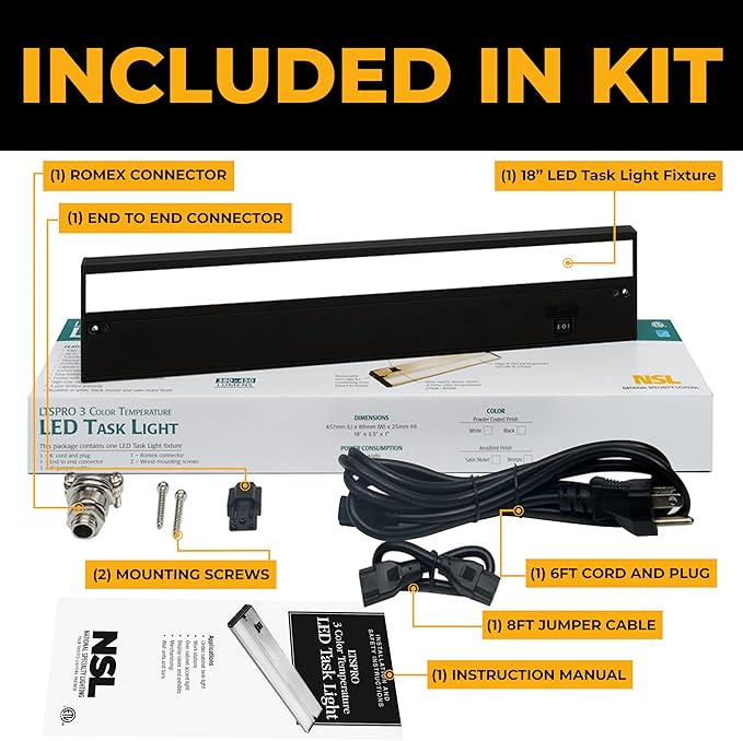 LED Under Cabinet Lighting Hardwired - 3CCT 18 Inch Black Finish - Undercabinet Lights for Kitchen - Linkable Undercounter Dimmable Plug in Light or Hard Wired - Under Counter Fixture Direct Wire