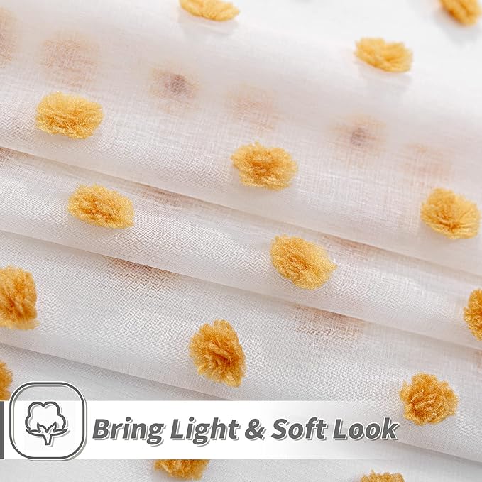 MYSKY HOME Large Pom Pom White Sheer Curtains for Living Room - 108 Inch Burnt Orange - Extra Long Light Filtering Rod Pocket Window Panels - 52 x 108 inch - 2 Pieces