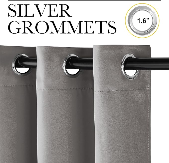 NICETOWN Chrome Gray Bedroom Curtains 63 inch Length 2 Panels, Grommet Window Treatment Thermal Insulated Solid Faux Silk Room Darkening Drapes for Kids Room, W52 x L63