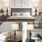 28" Black Farmhouse Table Lamps Set of 2 with USB C+A Ports & AC Outlet for Vintage Living Room Rustic Bedroom,3-Way Dimmable Touch Lamp Retro Resin Bedside Lamps for Nightstand Side Table