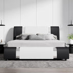 SHA CERLIN Queen Platform Bed Frame with Iron Pieces Decor and Adjustable Headboard/Deluxe Upholstered Modern Bed with Solid Wooden Slats Support/No Box Spring Needed, White with Black Sides