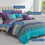 Cottolester Boho Comforter Set King Size 8 Piece Bed in a Bag Bohemian Striped Bedding Quilt Set Aqua Paisley Floral Comforter and Sheet Set,Soft Microfiber Complete Bedding Sets for All Season